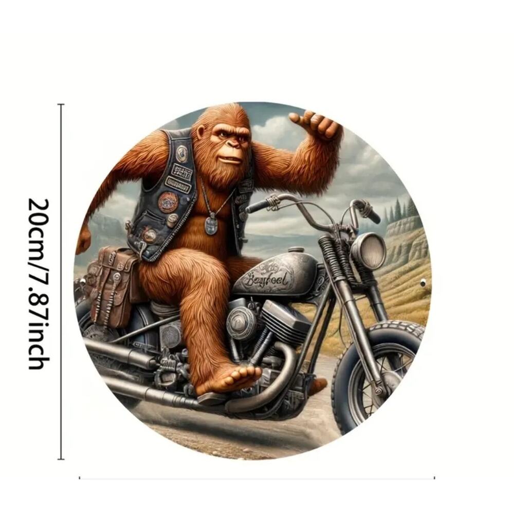 Metal Sasquash on a Motorcycle Round Sign for home, gift, or garage
